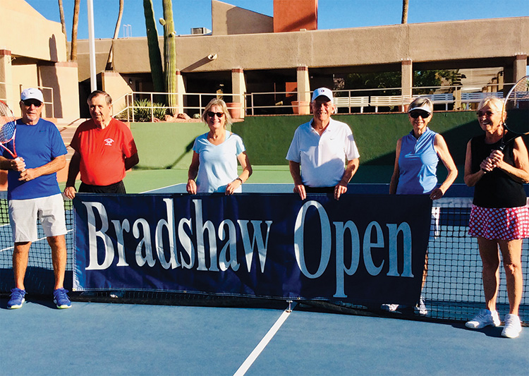 Lots of planning goes into the Bradshaw Tournament. Shown holding the banner are Len Vogelaar, Jerry Higgins, Judy Grefsheim, Al Wagner (past co-chairman), Linda Vogelaar, and CTC President Mary Ann Rice.