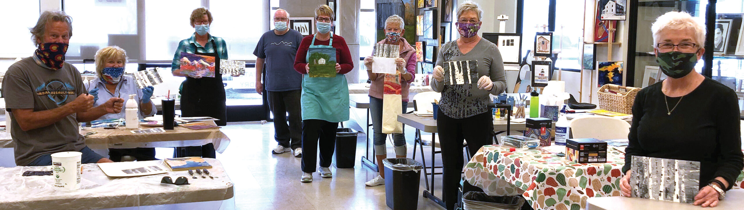 Participants in Nils Johnson's Palette Knife Painting class (left to right): Marc Capel-Jones, Jeana Capel-Jones, Connie Lundberg, Nils Johnson, Marge Mathers, Carol Breen, Sharon Nergaard, and Jullian Moon