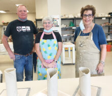 Warren Jensen, Diane Oster, Eeda Clow; Class 1: free formed their vase; Class 2: after firing in the kiln, the vase was cleaned and rough spots were sanded.