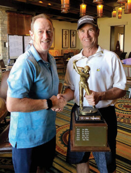 Five time Robson Ranch Arizona Golf Club Champion Jim Baxter with his trophy and Tournament Chairman John Lewis.