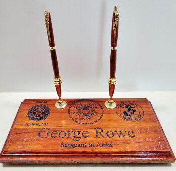 Personalized desk set made from padauk wood with matching twist-style pen and pencil with rifle clip