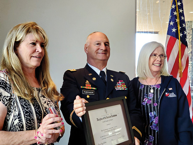 Holly Gibson, Regent, El Presidio Chapter; Ken Robinson, Lieutenant Colonel, United States Army Ret.; and Rebecca Call, Chapter Chaplain