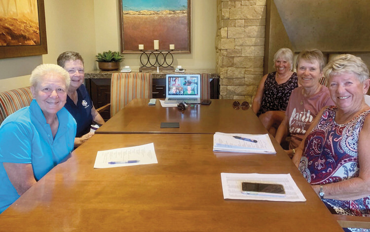 Distance did not stop the planning session. Local meeting attendees were Bobbie Johnson, rules/handicap; Kathy Holwick, tournaments; Regina Bellach, past president; Candy Burtis, tournaments; and Dema Harris, membership. “Zooming” in on the meeting were Rhonda McGree, president; Mary Pryor, vice president; and Lorna Watts, AWGA representative.