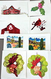 Landscape paintings included a weathered winter barn and a mountain/desert scene with numerous cacti. A cardinal in a tree and prickly pear wreaths were just a few of the selected Christmas card choices.
