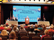 Pictured is Ceil Levatino, president and moderator of the forum, and candidates for Arizona Secretary of State.