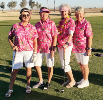 Golf, anyone? Take me to Hawaii! Robyn Tanke, Mary Kindt, Sally Fullington, and Dema Harris in pink Hawaiian shirts.