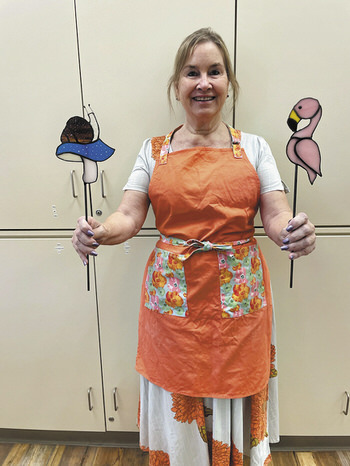 Pamela Swartz with her adorable mushroom and snail, and flamingo!